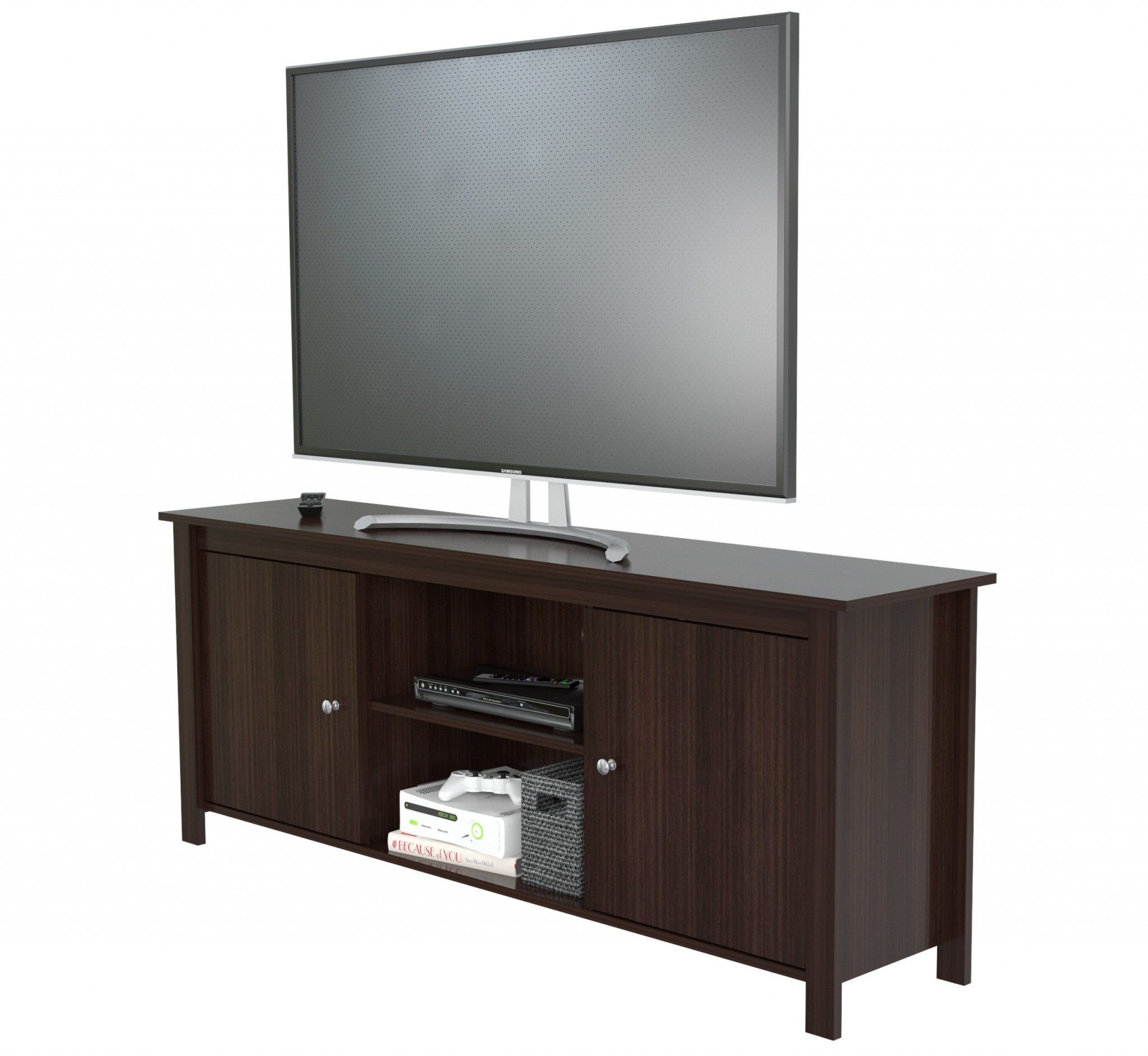 63" Dark Brown Wood And Metal Cabinet Enclosed Storage Mirrored TV Stand