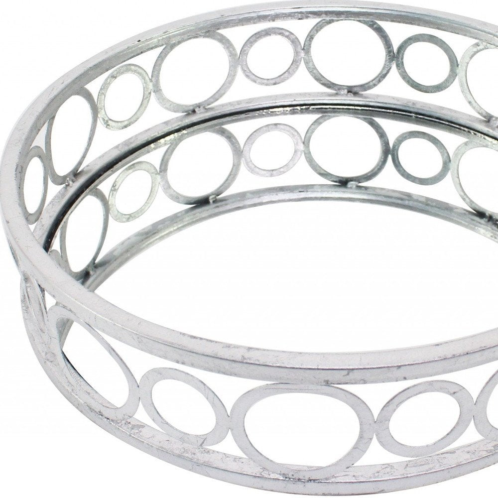 14" Silver Round Metal Geometric Vanity Tray