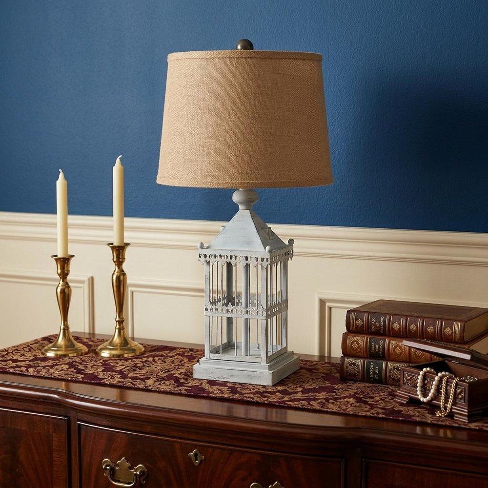 26" Gray Metal Table Lamp With Brown Drum Shade