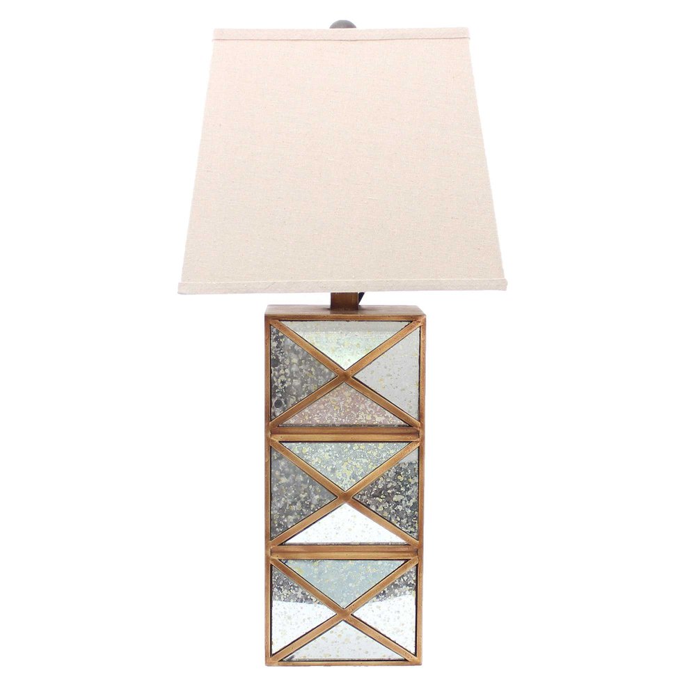28" Distressed Gold And Silver Metal Bedside Lamp With Beige Shade