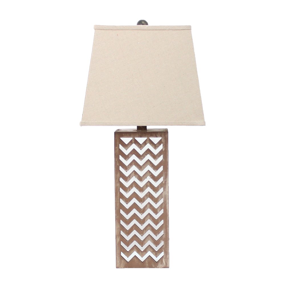 28" Distressed Natural And Silver Metal Bedside Lamp With Beige Cone Shade