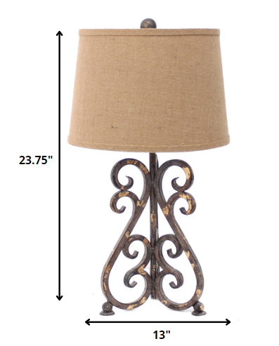 24" Distressed Bronze Metal Novelty Bedside Lamp With Khaki Drum Shade