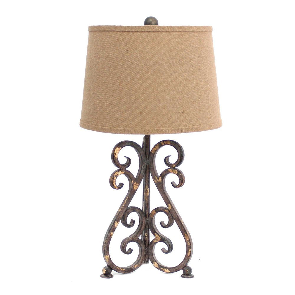24" Distressed Bronze Metal Novelty Bedside Lamp With Khaki Drum Shade