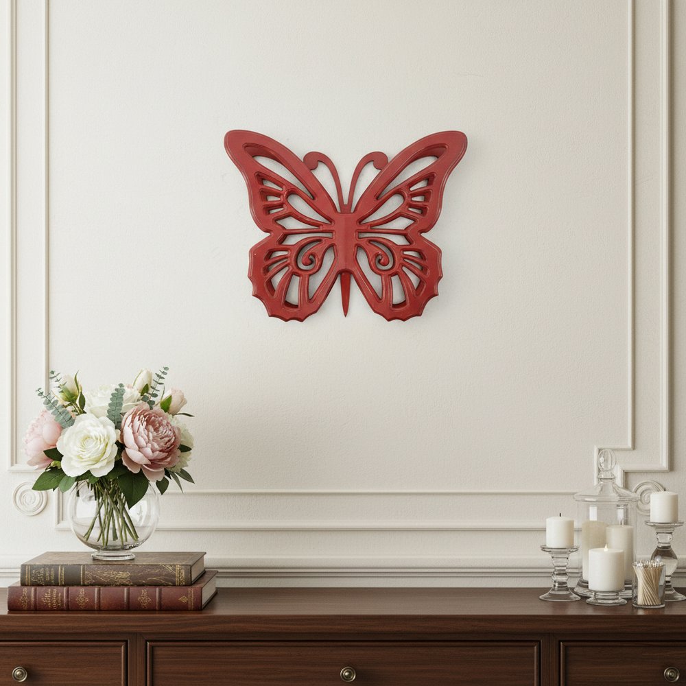 23" X 19" Red Butterfly Wood Hanging Dimensional Sculpture