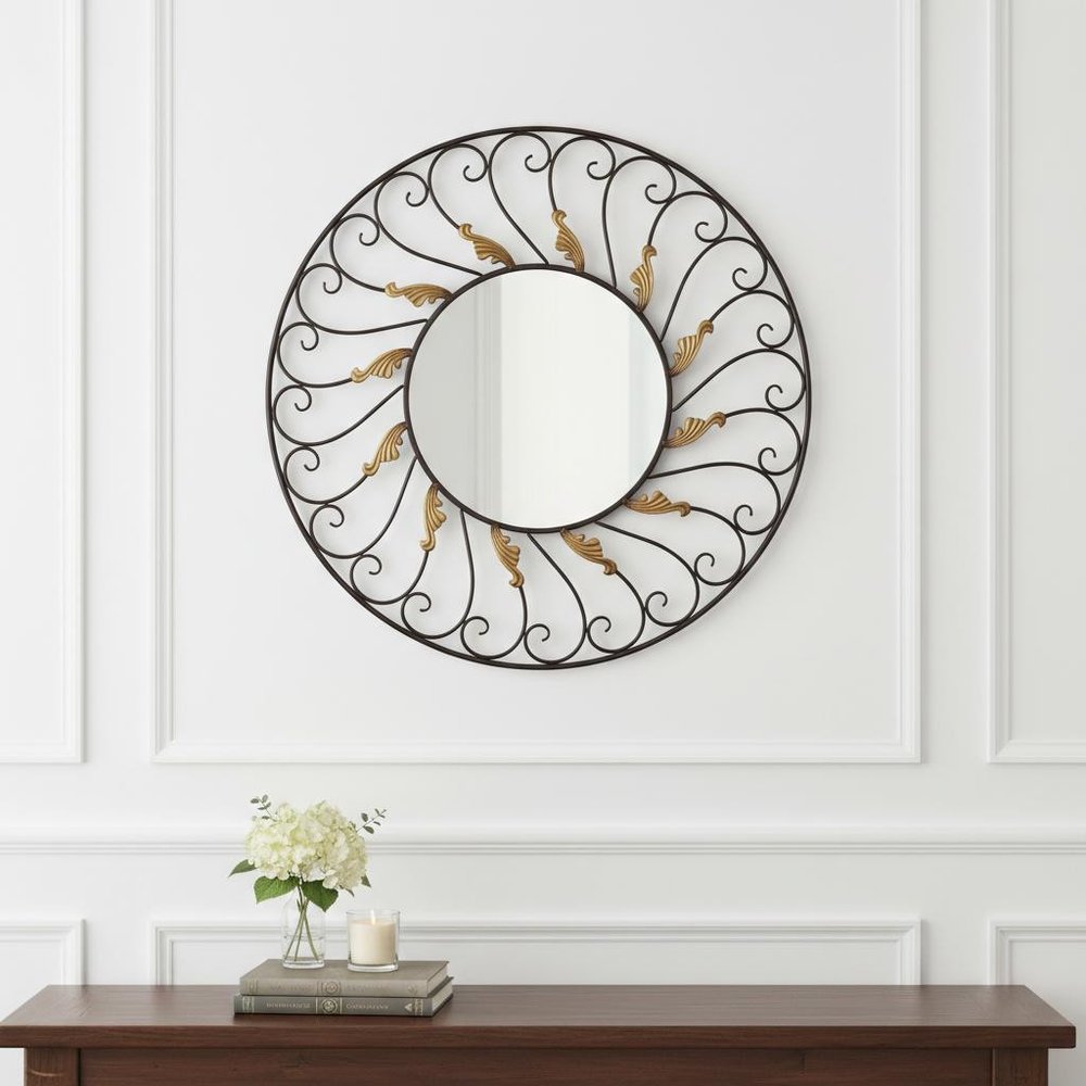 38" Bronze Metal Round Framed Accent Mirror