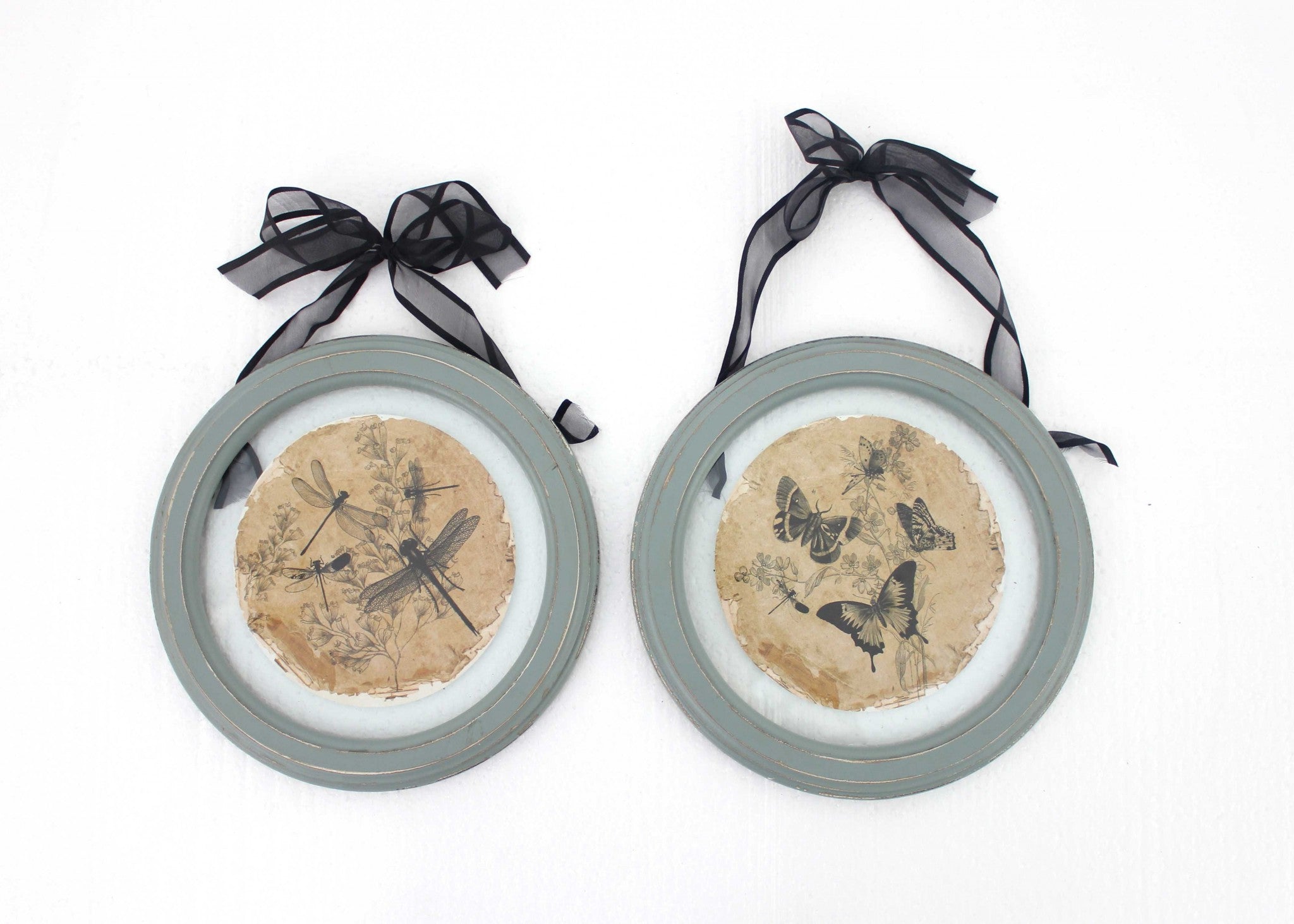 Set of Two Green And Ivory Butterfly Glass Circle