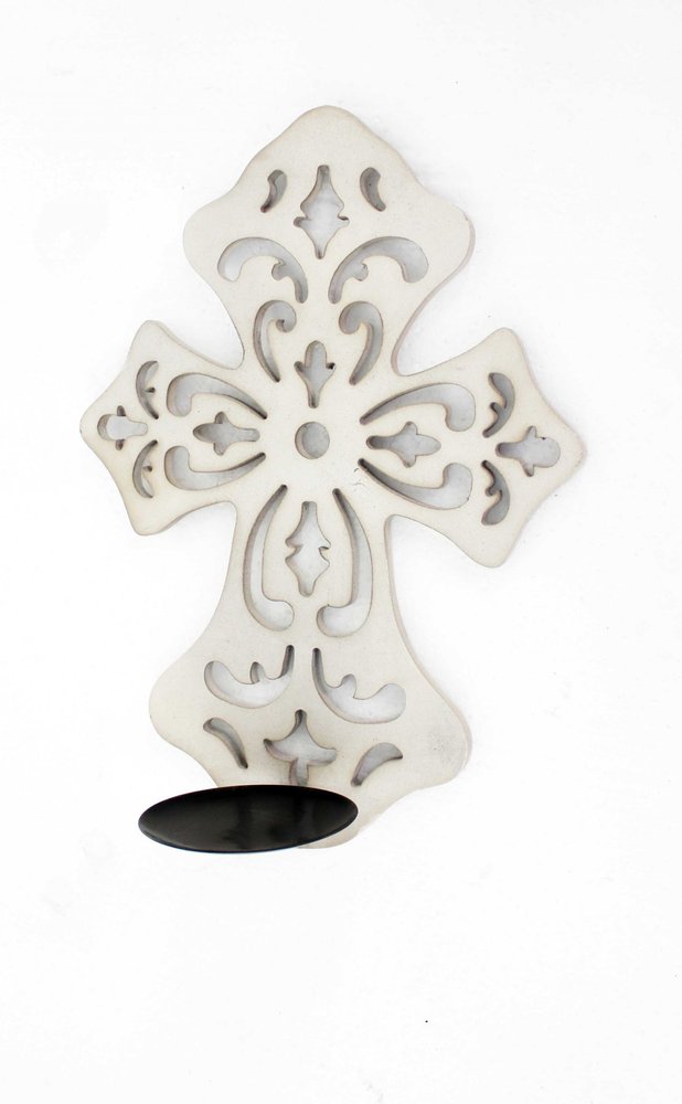 11" White Floral Solid Wood Wall Sconce Candle Holder