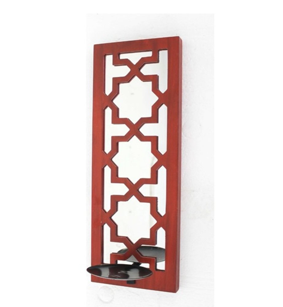 17" Red And Silver Lattice Solid Wood Wall Sconce Candle Holder