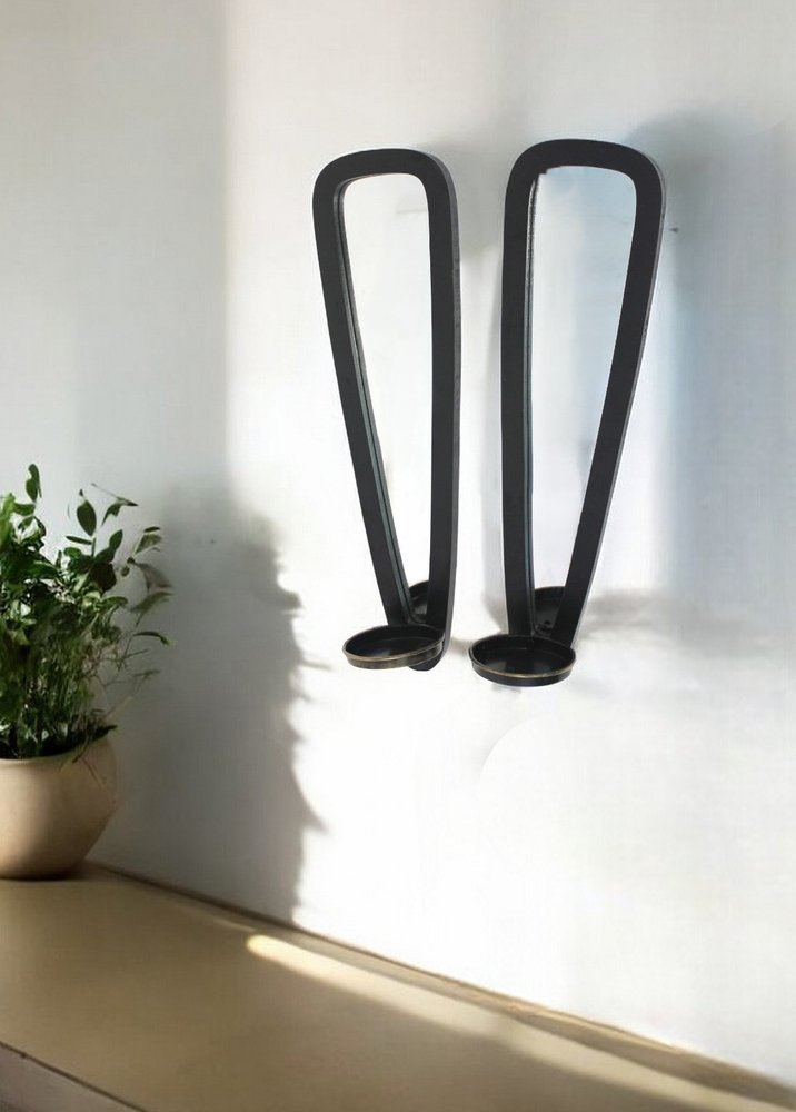 Set of Two Black Solid Wood Wall Sconce Candle Holders