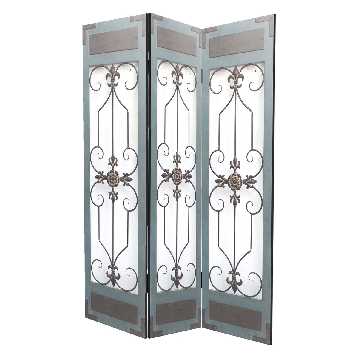 72" Blue Metal Folding Three Panel Screen Room Divider