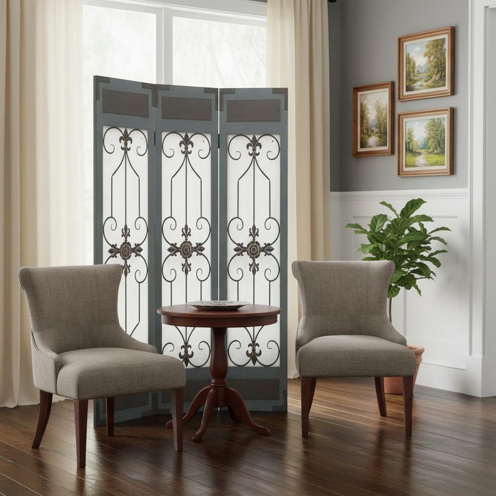 72" Blue Metal Folding Three Panel Screen Room Divider