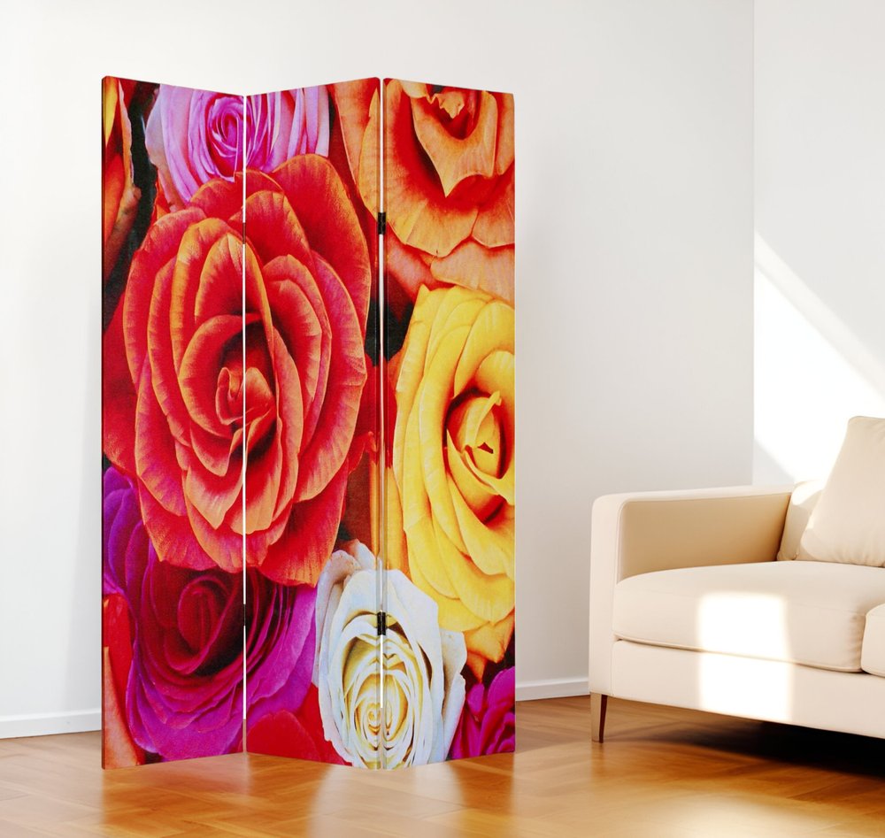 72" Red Canvas Folding Three Panel Screen Room Divider