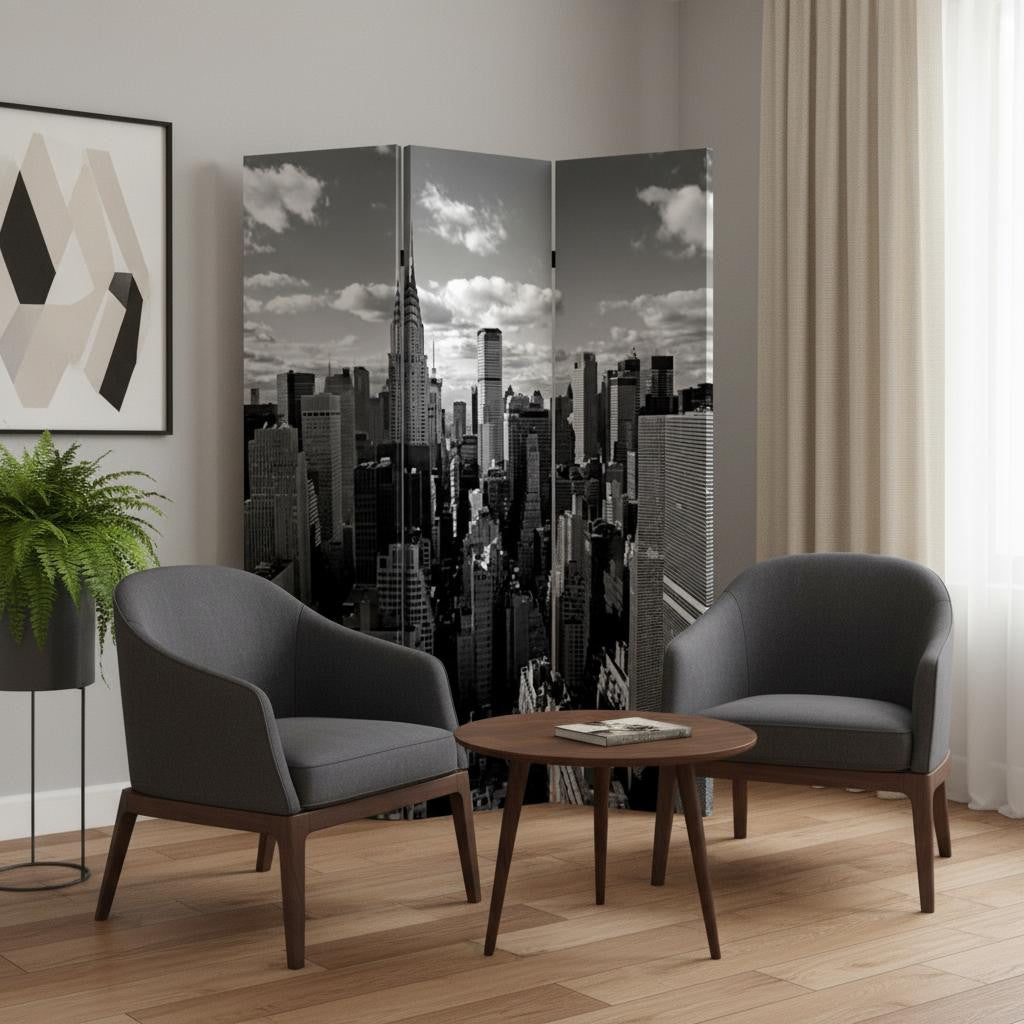 72" Gray Canvas Folding Three Panel Screen Room Divider