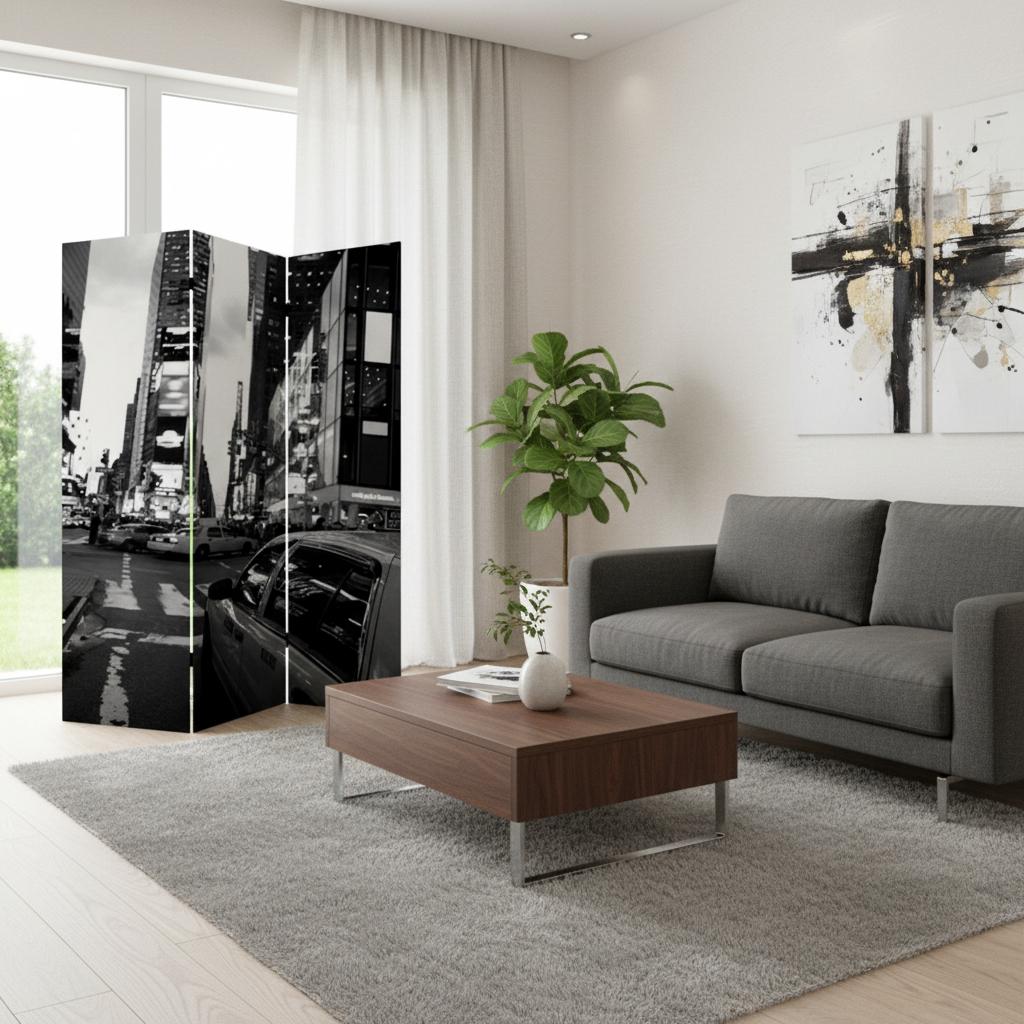 72" Gray Canvas Folding Three Panel Screen Room Divider