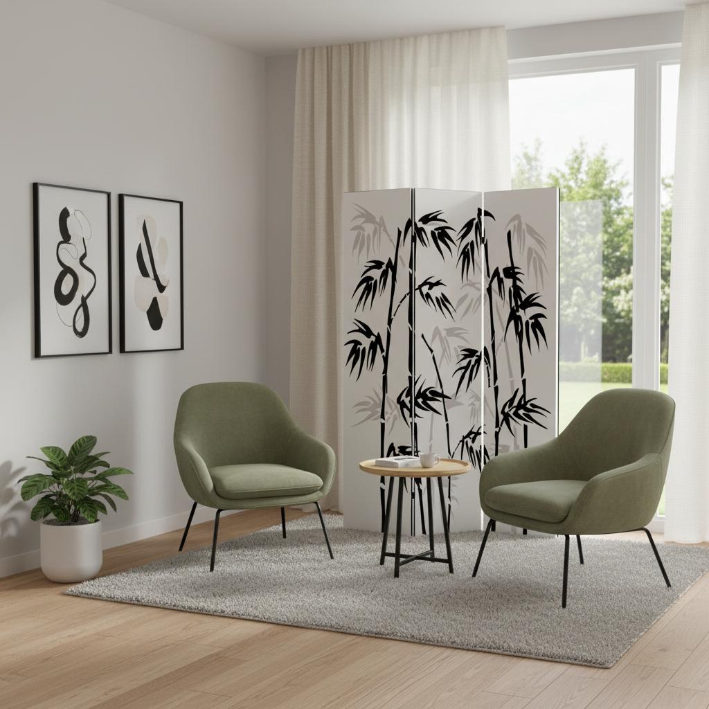 72" Black And White Canvas Folding Three Panel Screen Room Divider