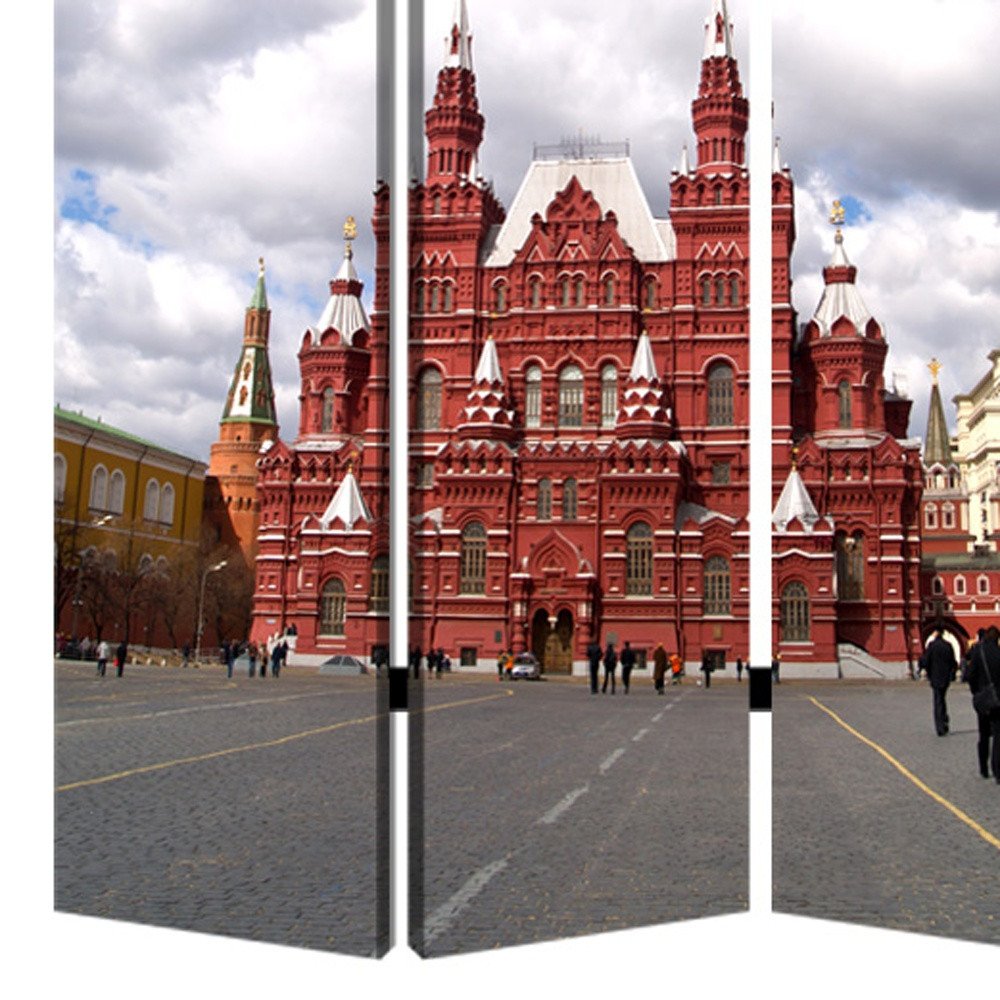 48" X 72" Red Blue and White Wood Canvas Russia Screen