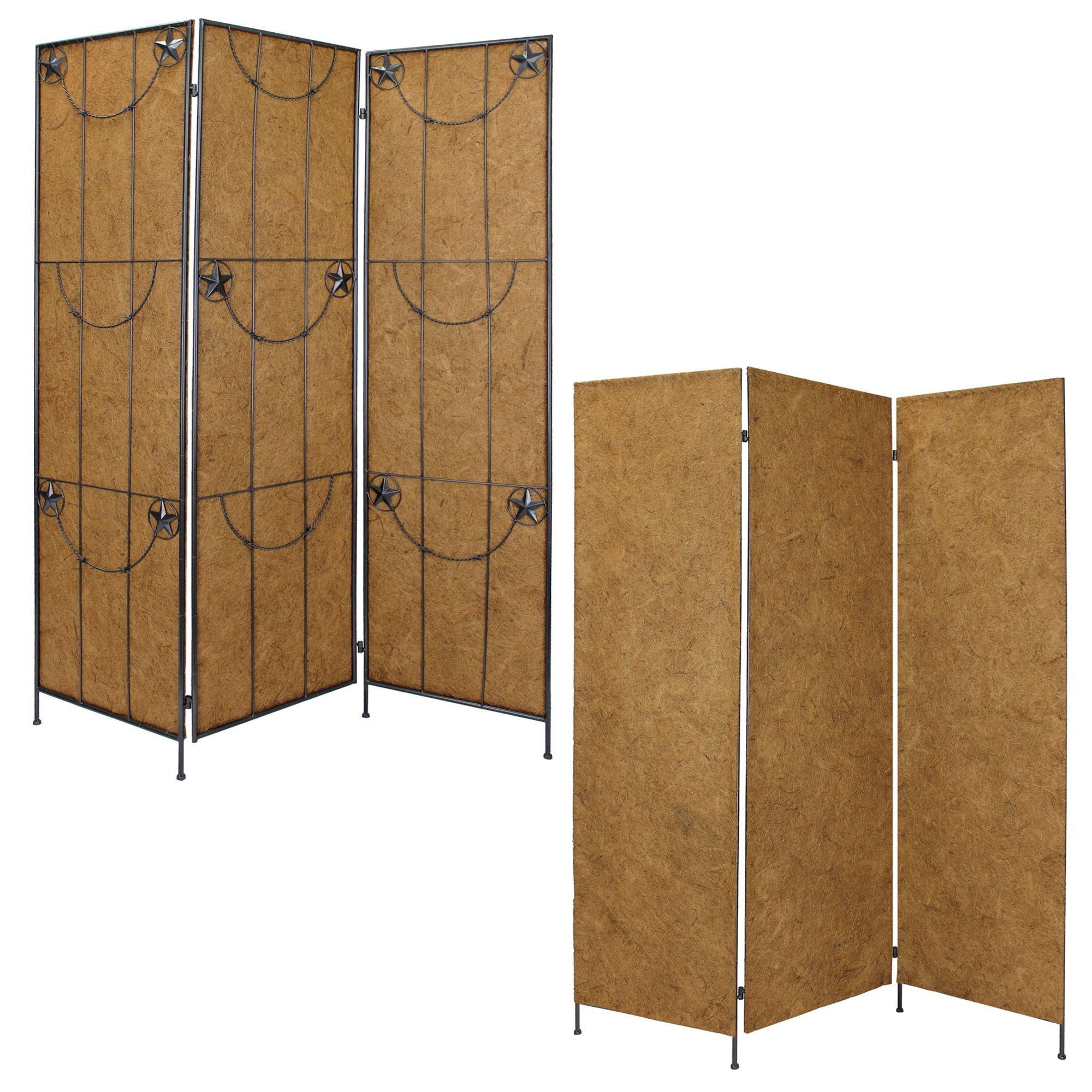 72" Brown Iron Folding Three Panel Screen Room Divider