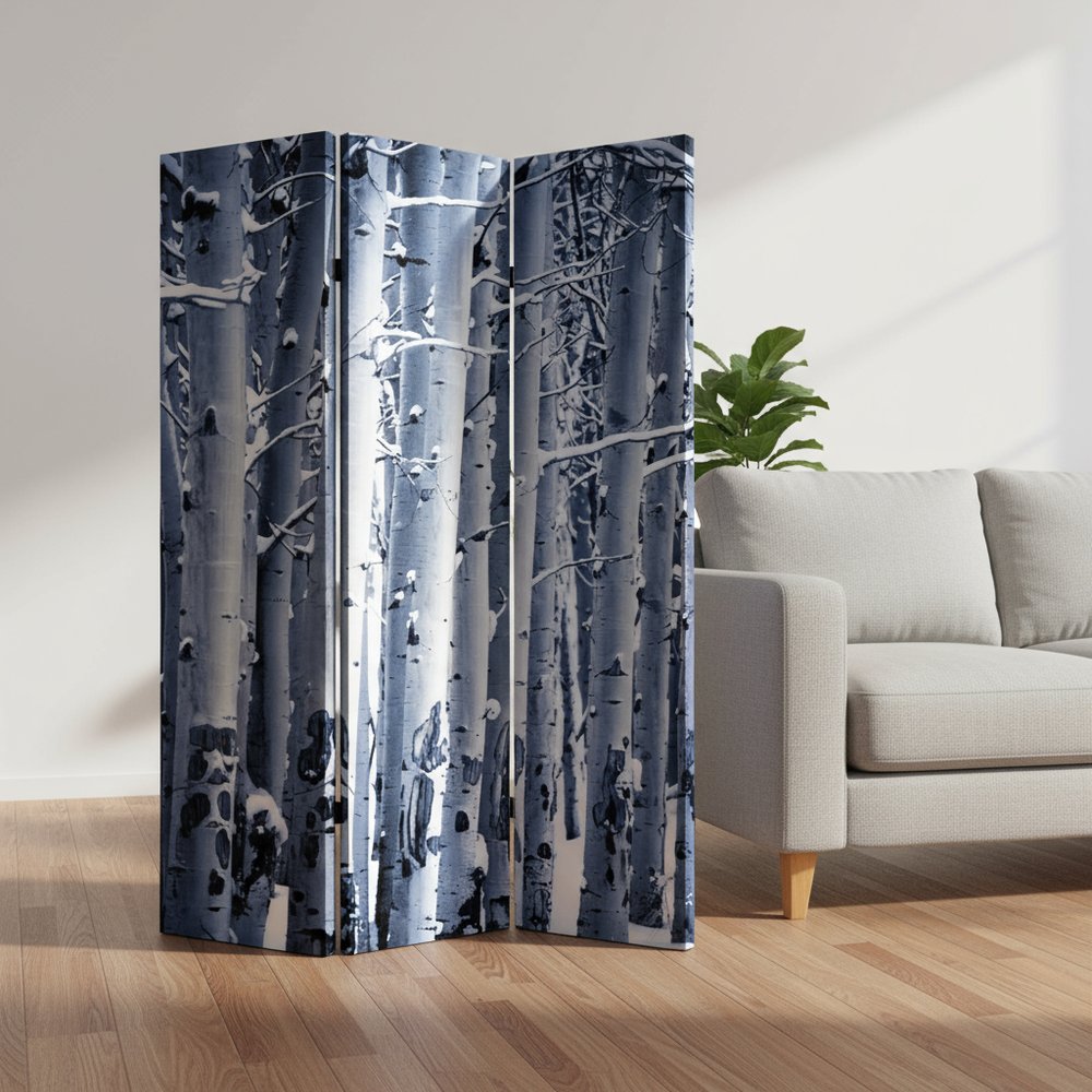 48" X 72" Gray And White Wood Canvas Birch Screen