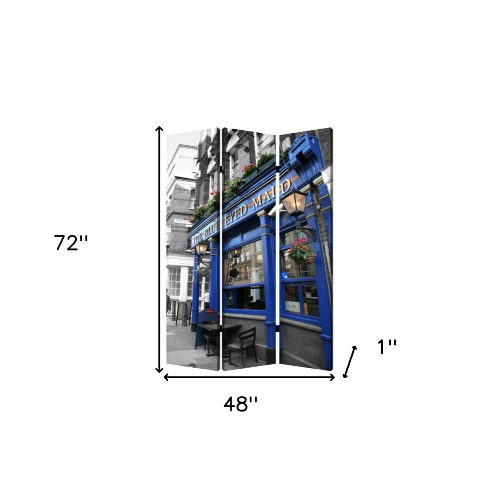 72" Blue And Gray Canvas Folding Three Panel Screen Room Divider