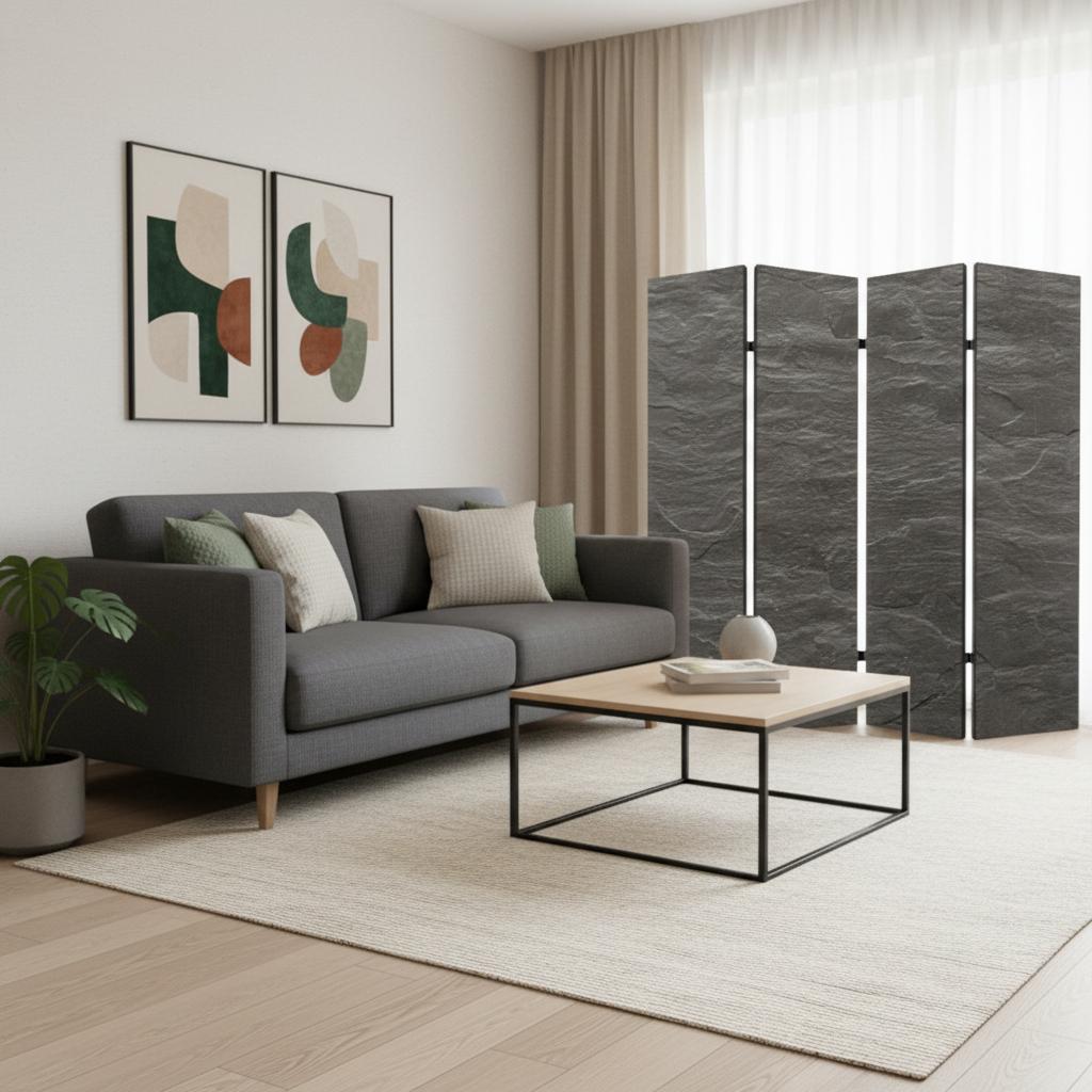 84" Gray Canvas Folding Four Panel Screen Room Divider