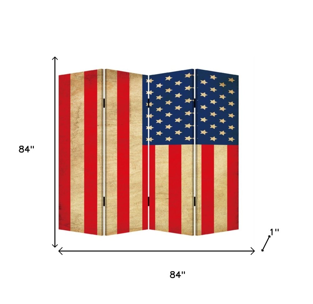 84" Red Natural And Blue American Flag Reversible Canvas Folding Four Panel Room Divider