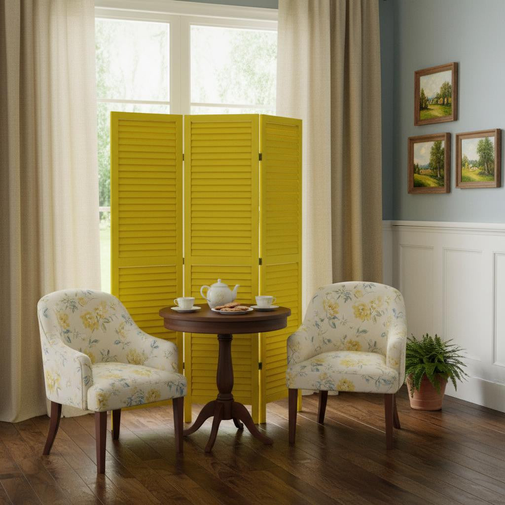 67" Yellow Wood Folding Three Panel Screen Room Divider