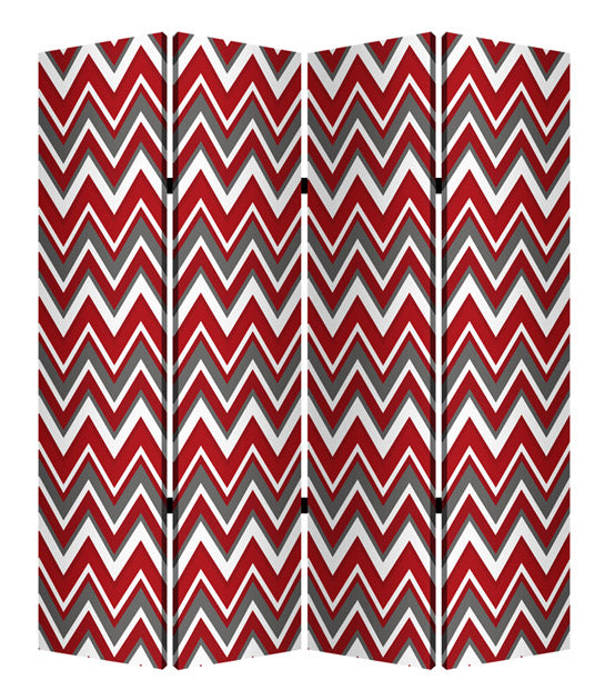 84" Red And Gray Canvas Folding Four Panel Screen Room Divider