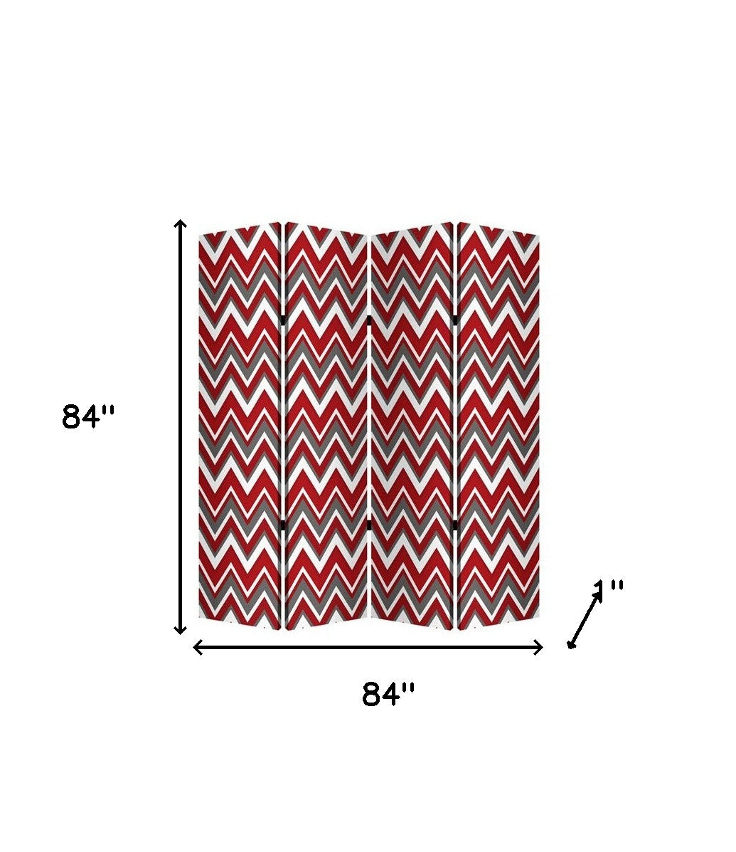 84" Red And Gray Canvas Folding Four Panel Screen Room Divider