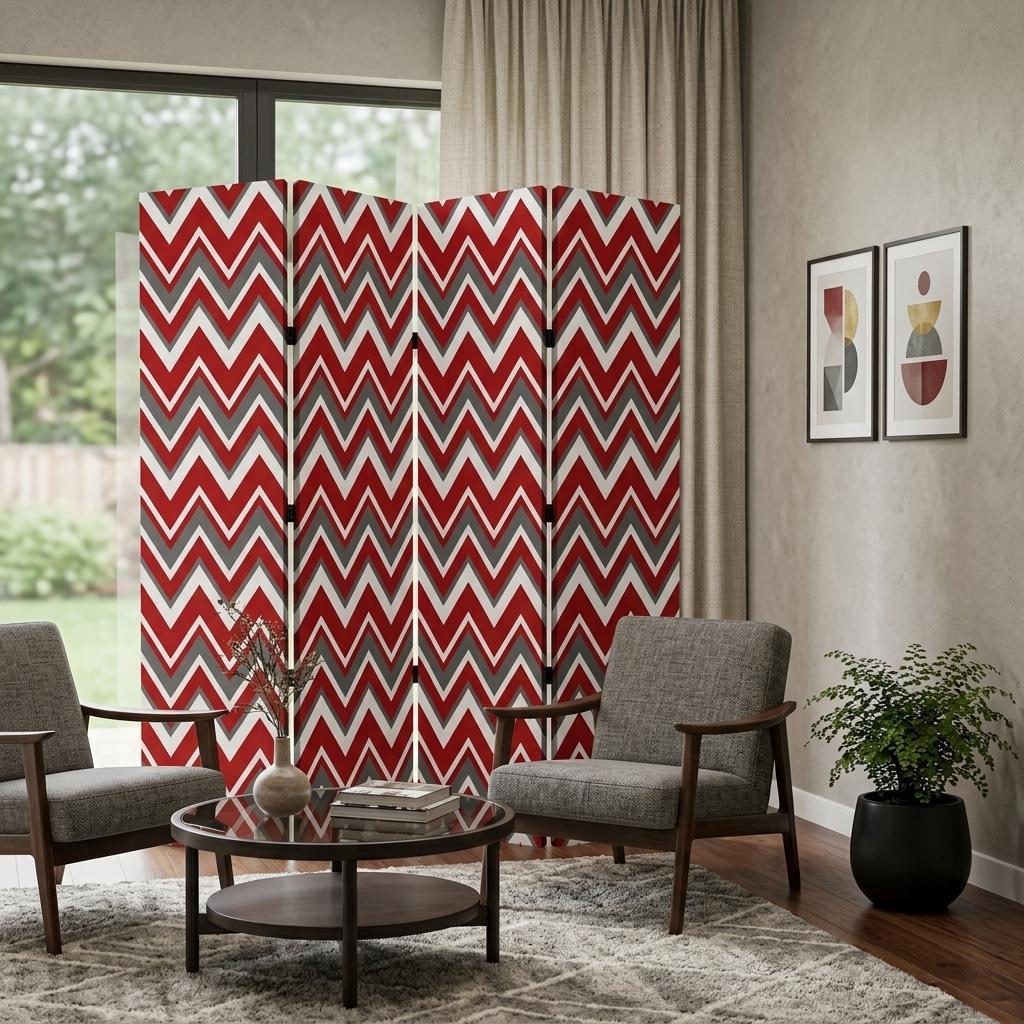 84" Red And Gray Canvas Folding Four Panel Screen Room Divider