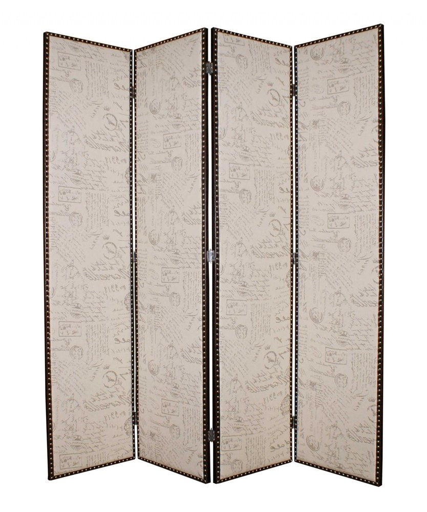 84" Tan Fabric Folding Four Panel Screen Room Divider
