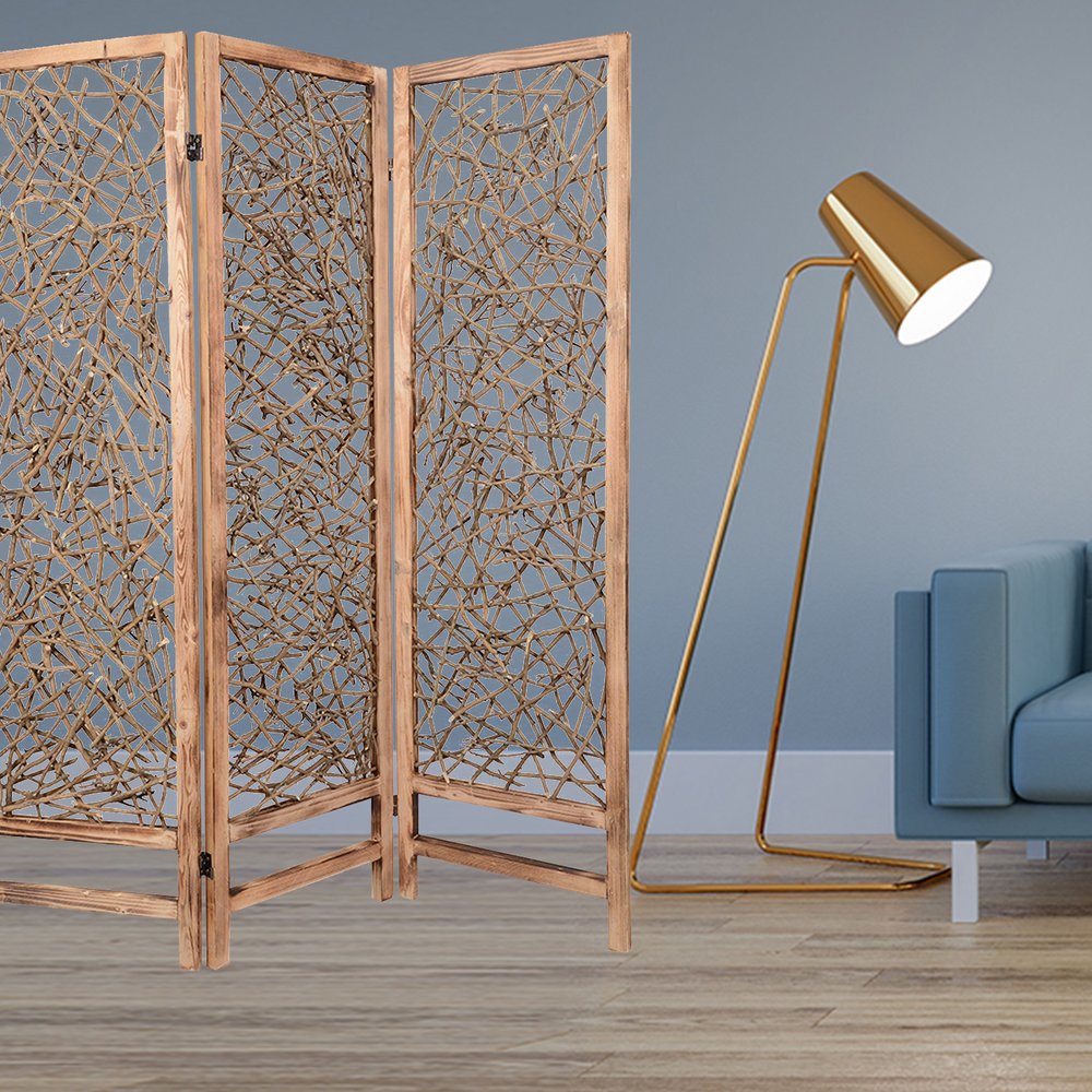 69" Brown Wood Folding Three Panel Screen Room Divider