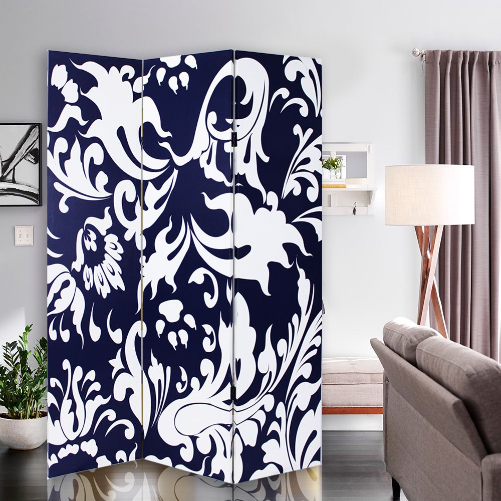 72" Black And White Canvas Folding Three Panel Screen Room Divider