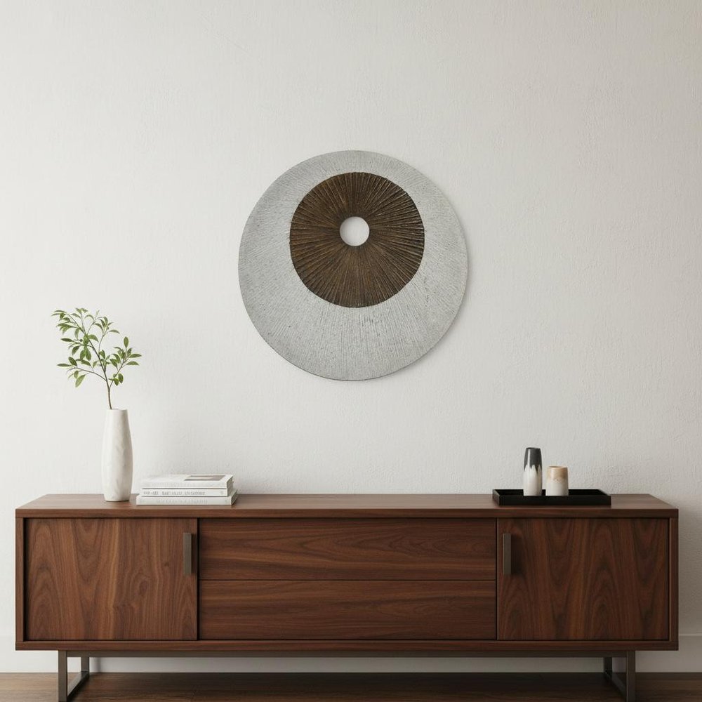 27" X 27" X 3" Brown & Gray Round Double Layer Ribbed Wall Decor