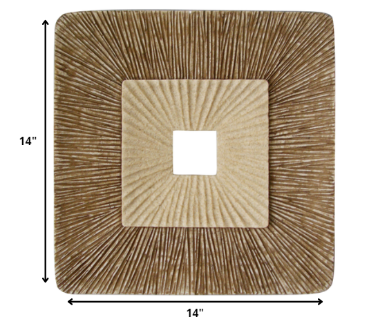 14" X 14" X 2" Brown Concave Square Double Layer Ribbed Wall Plaque Set Of 2