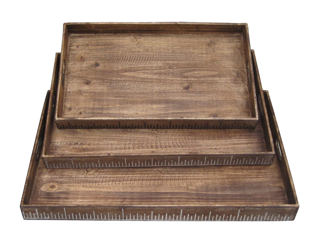 Set of Three Brown Wood Nesting Serving Trays