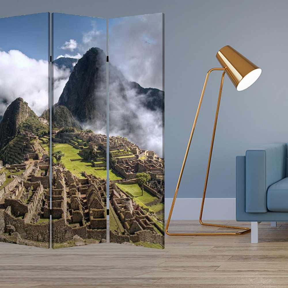 48" X 72" Multi Color Wood Canvas Machu Picchu Screen