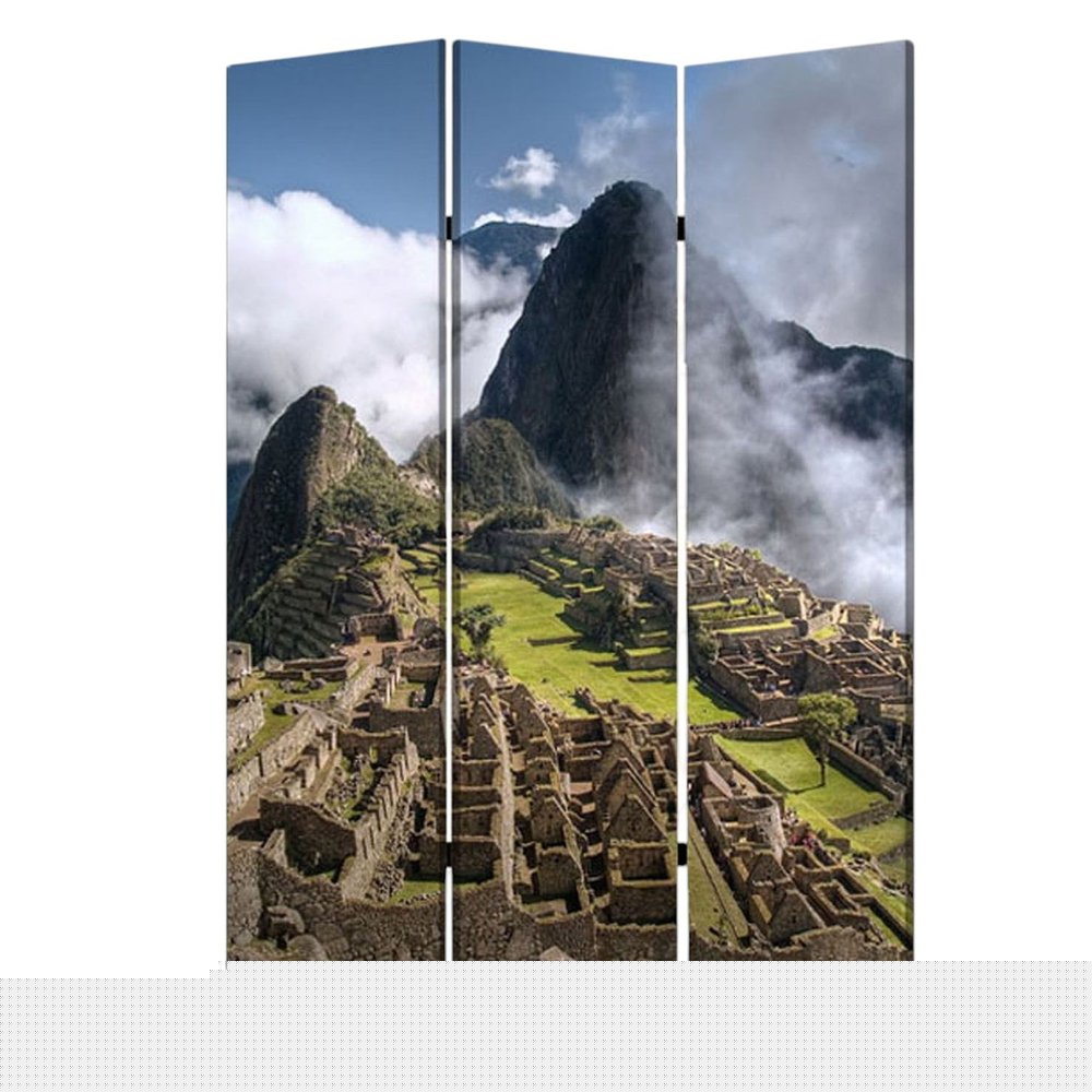72" Blue And Green Canvas Folding Three Panel Screen Room Divider