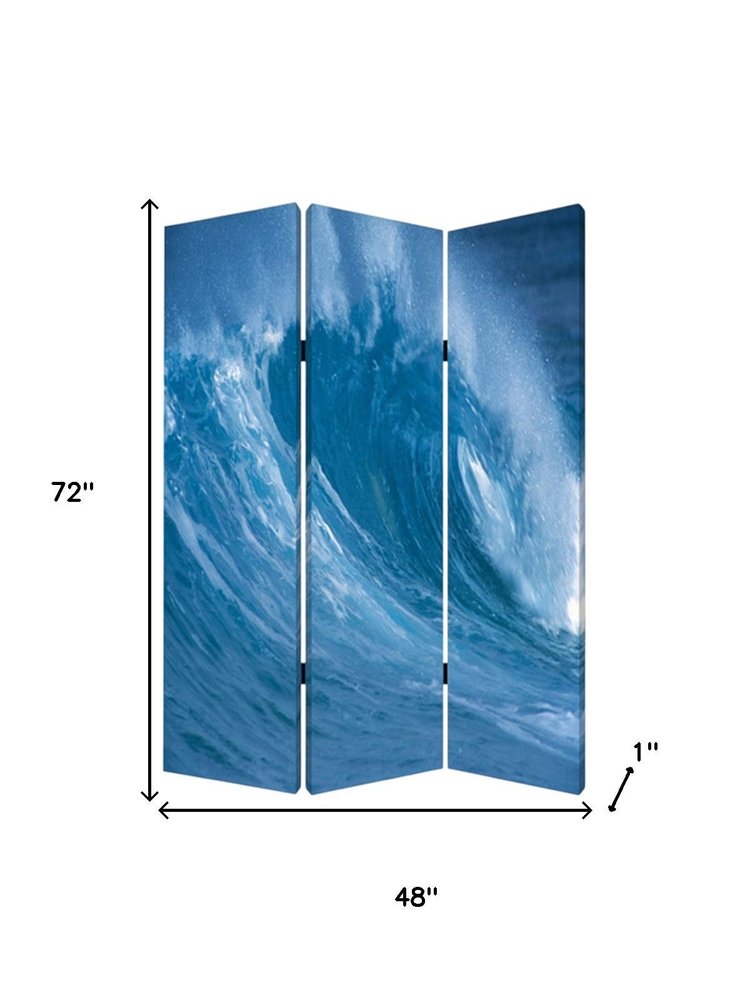 72" Blue And White Canvas Folding Three Panel Screen Room Divider