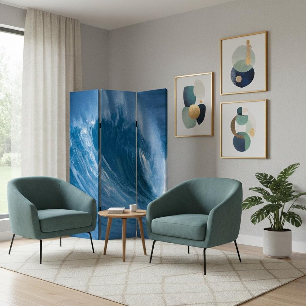 72" Blue And White Canvas Folding Three Panel Screen Room Divider