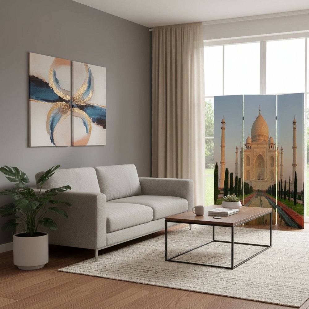 72" Brown Canvas Folding Three Panel Screen Room Divider