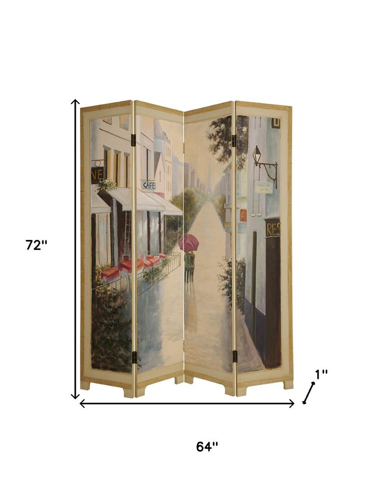 72" Beige Folding Three Panel Screen Room Divider