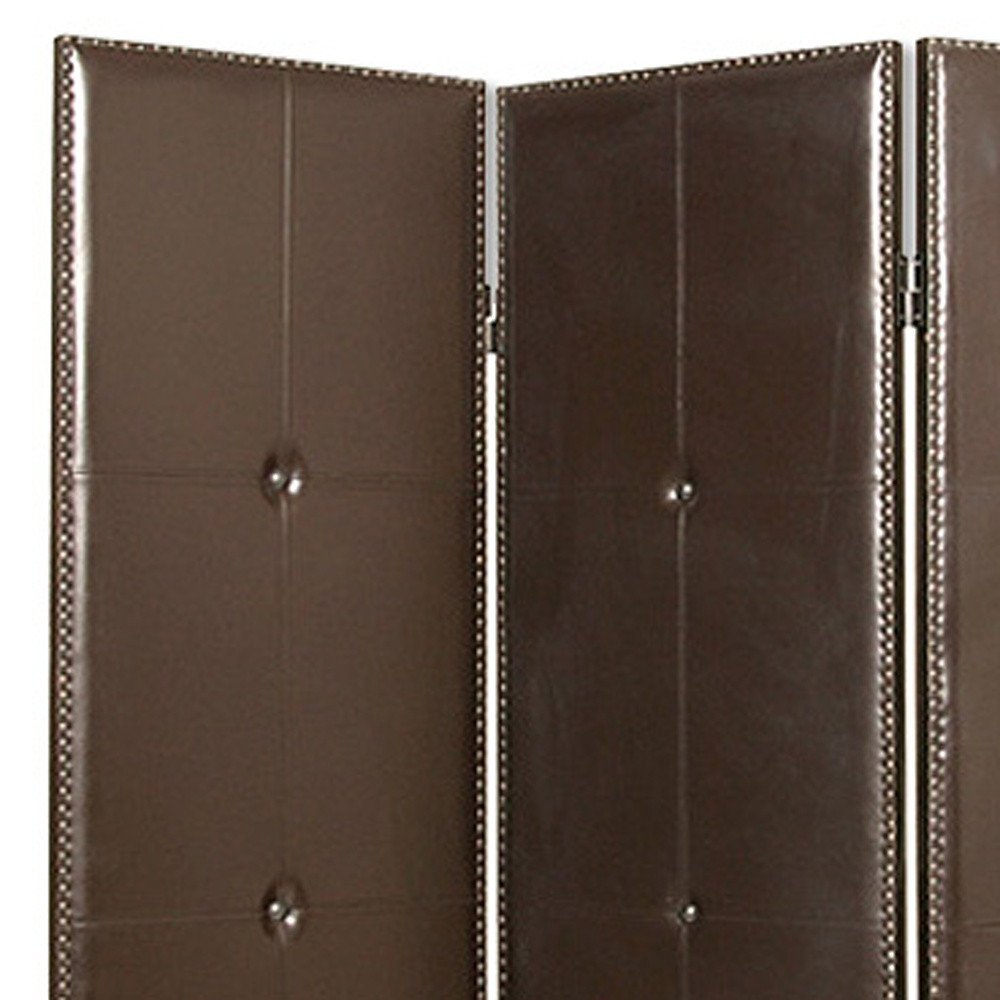 72" Brown Faux Leather Folding Three Panel Screen Room Divider
