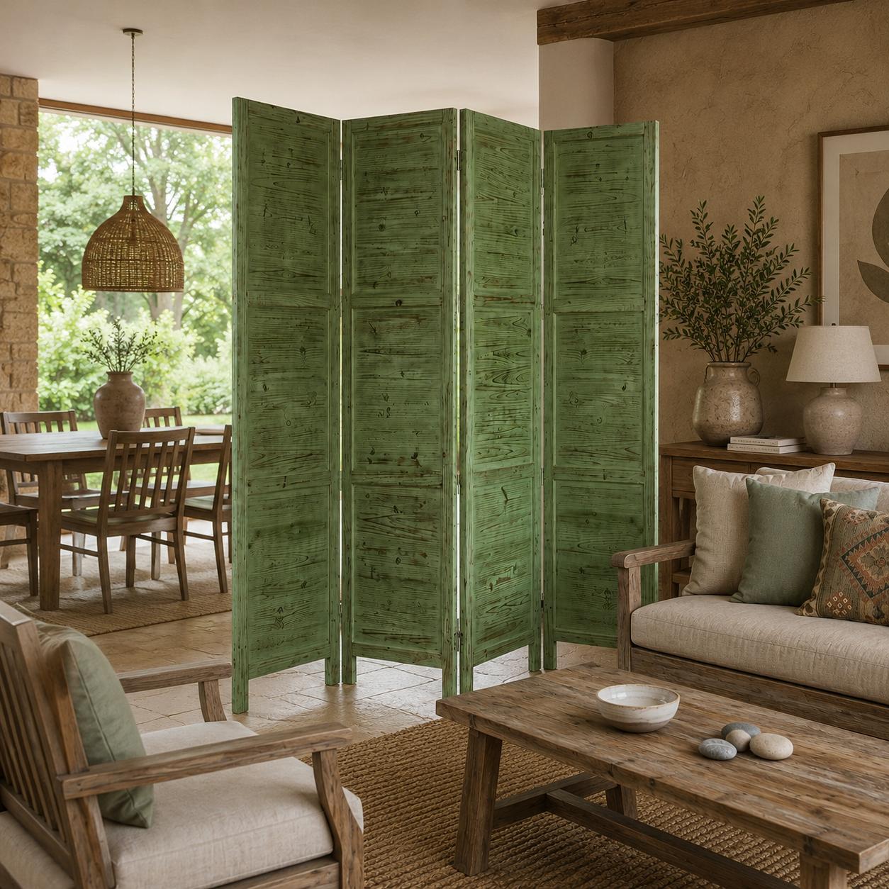 84" Green Rustic Wood Folding Four Panel Screen Room Divider