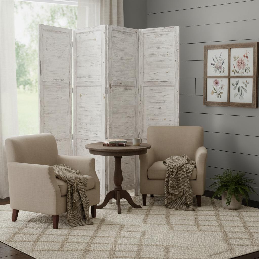 84" White Wood Folding Four Panel Screen Room Divider
