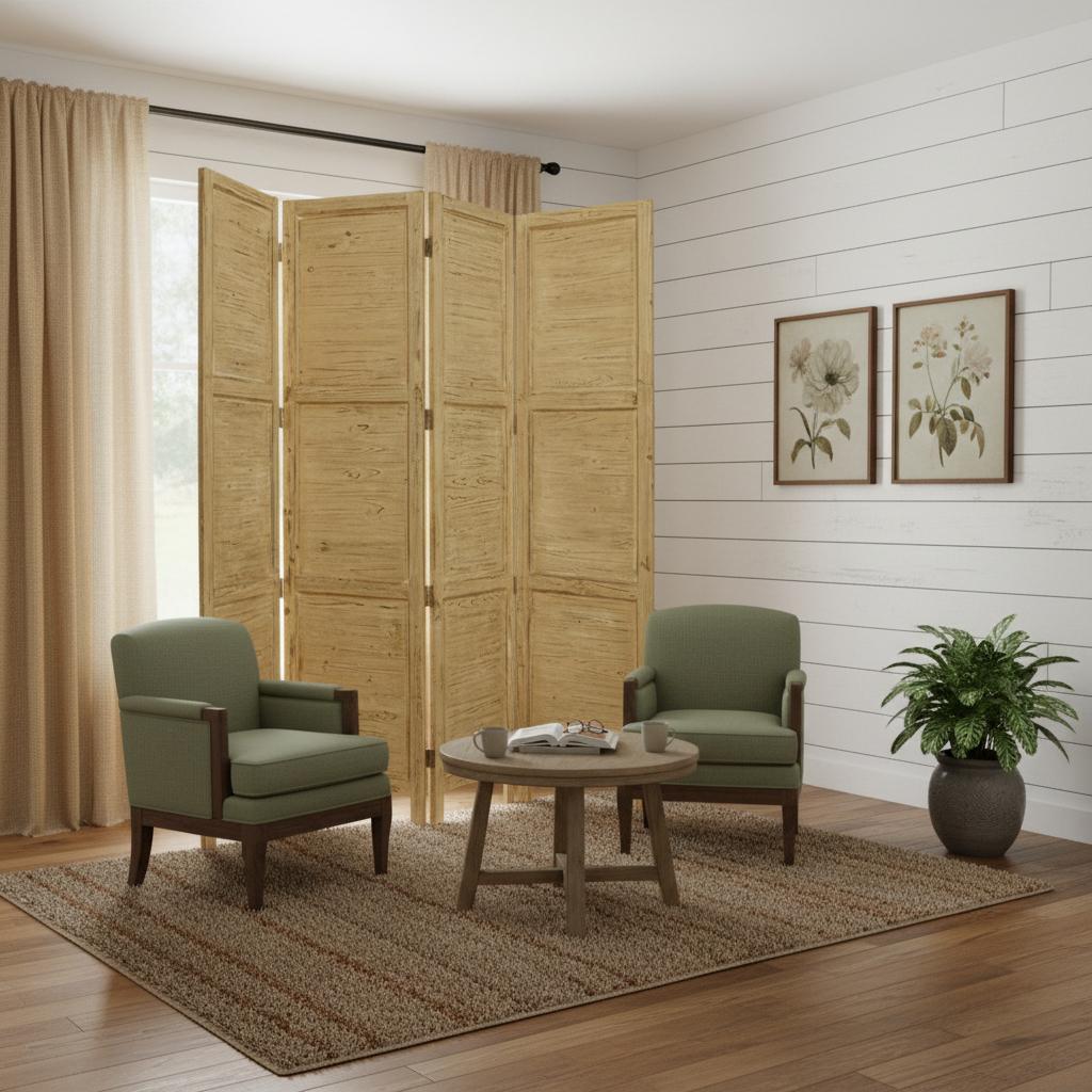 84" Yellow Wood Folding Four Panel Screen Room Divider
