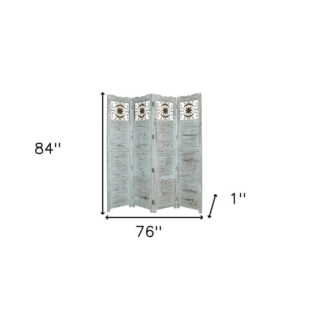 Gray Wash 4 Panel With Scroll Work Room Divider Screen