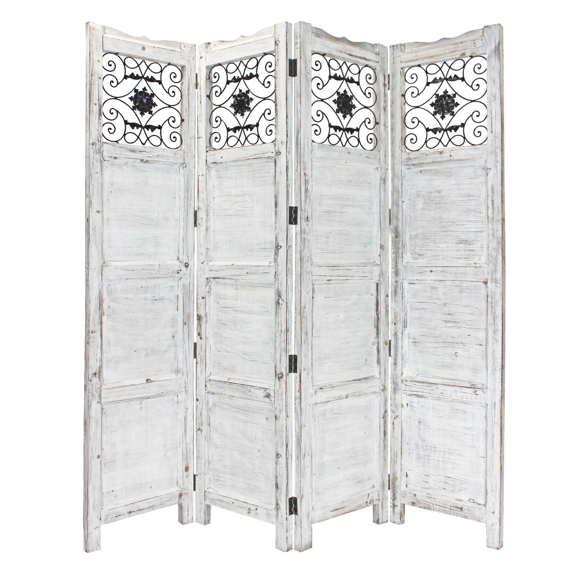 84" White Wood Folding Four Panel Screen Room Divider