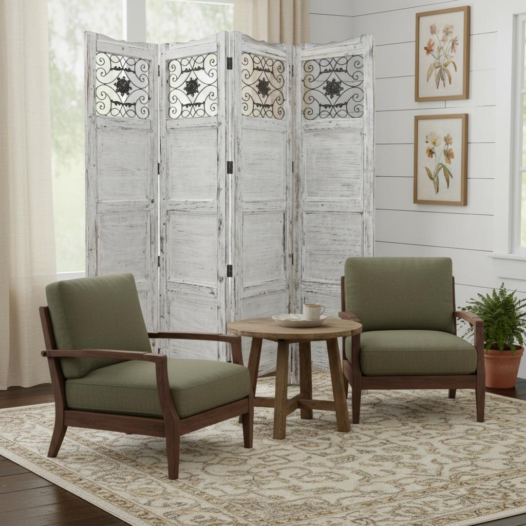 84" White Wood Folding Four Panel Screen Room Divider