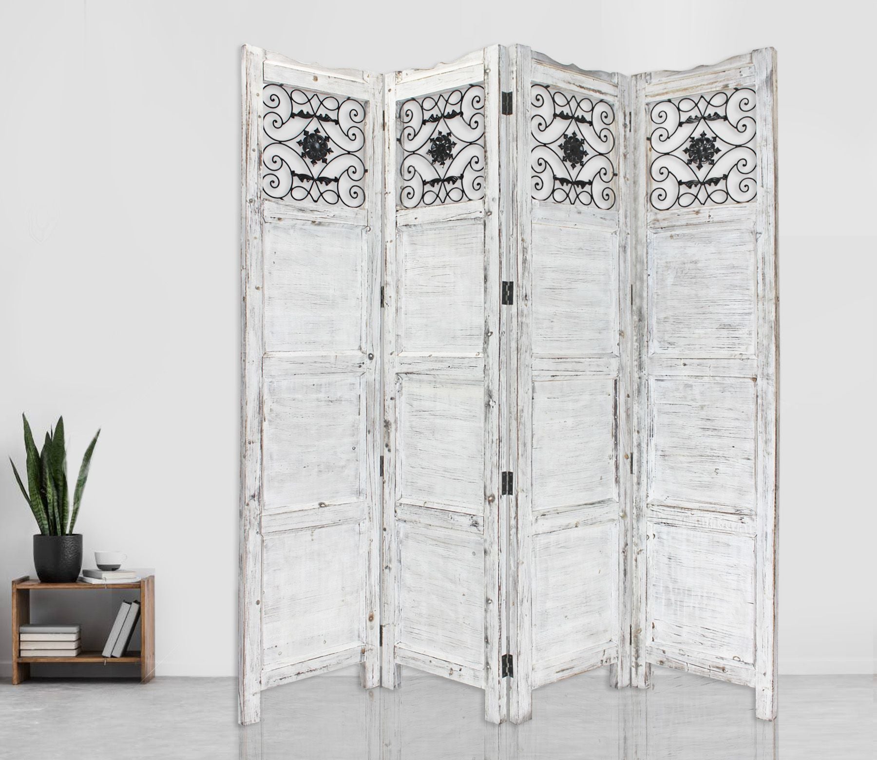 84" White Wood Folding Four Panel Screen Room Divider