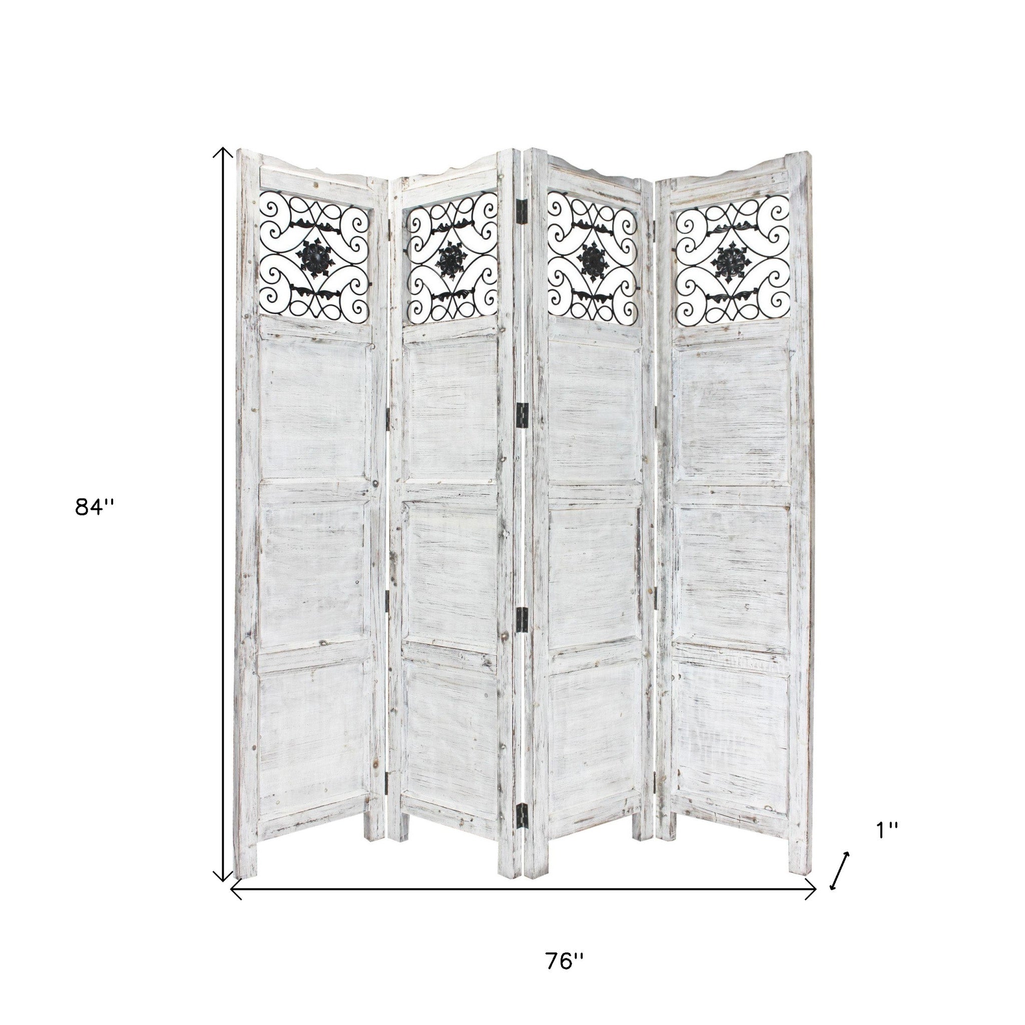 84" White Wood Folding Four Panel Screen Room Divider